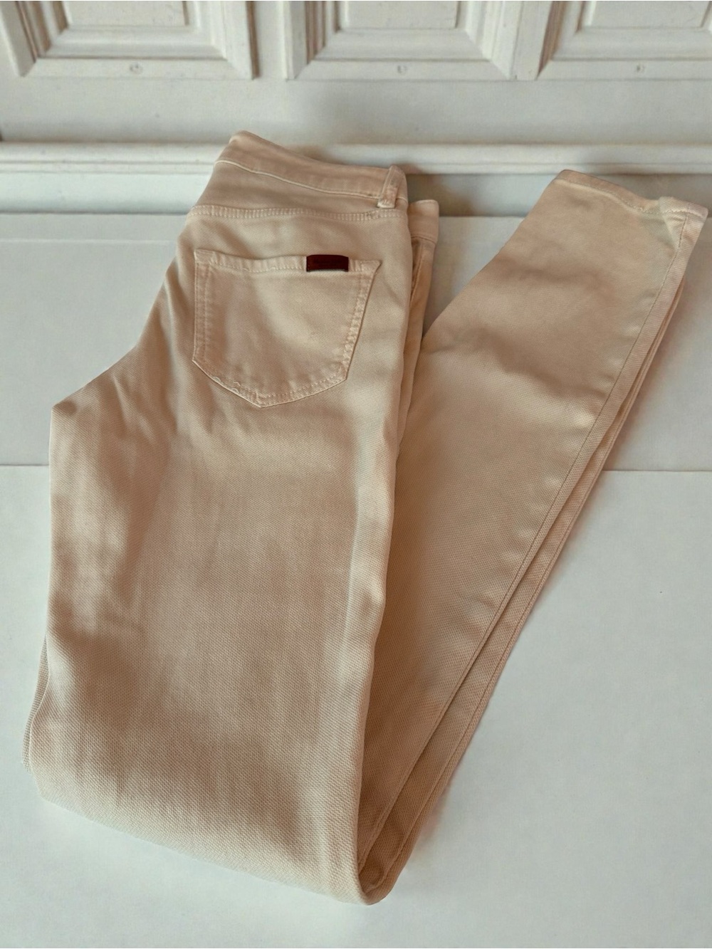 Massimo Dutti Cream Textured Cotton Jeans with Leather Logo